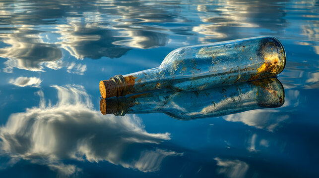 A weathered glass bottle sealed with a cork floats peacefully on calm water reflecting soft clouds under a tranquil sky at golden hour sunlight