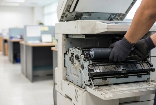 A technician in black gloves replaces the toner cartridge in a large office copier machine.