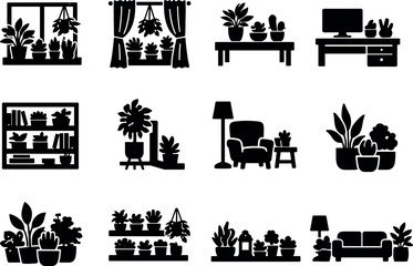 Obraz premium Solid vector icons of indoor greenery decor: window, curtain, table, desk, bookshelf, corner, nook, accent, arrangement, cluster,