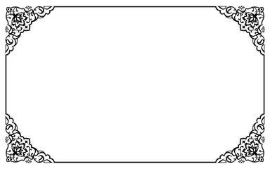 Black and white vintage decorative border frame with ornate scrollwork on the four rounded corners illustration design on white background. © AmjadDesigns
