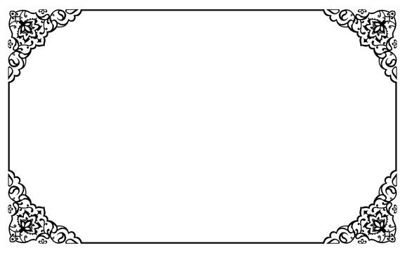 Black and white vintage decorative border frame with ornate scrollwork on the four rounded corners illustration design on white background.