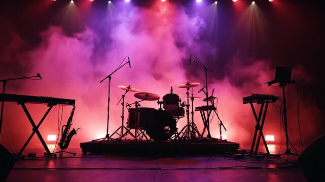 Stage setup with drum set, keyboard, saxophone, and lighting effects with pink and purple smoke creating a vibrant atmosphere for a live performance