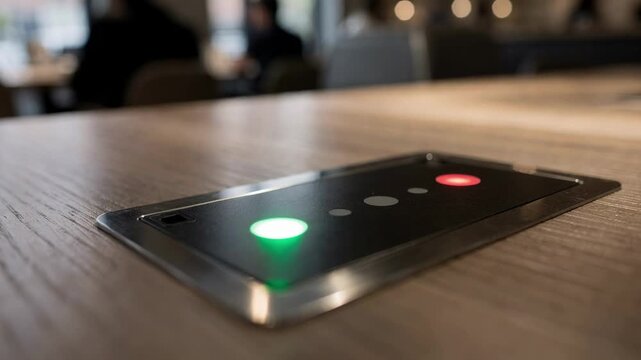 Focused view of a restaurant table sensor panel with dynamic light signals marking availability background customers and furniture rendered softly out of focus.