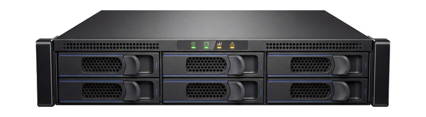 Rack-mounted UPS with front panel LED indicators and hot-swappable battery trays