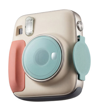 Colorful instant camera with a rounded shape and interchangeable lens covers