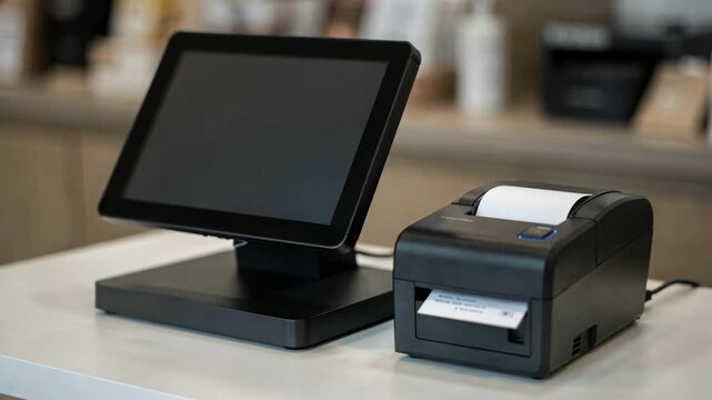 Closeup medium shot of a singlestation pointofsale register and receipt printer on a compact counter with surrounding items softly blurred.
