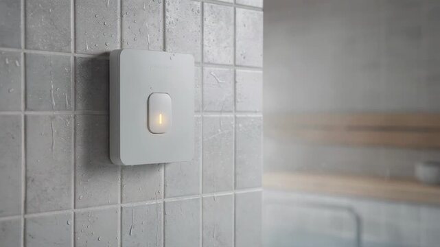 Medium shot focusing on a humidity sensor mounted on a bathhouse wall with soft background blur highlighting moisture level detection for improved air quality control.