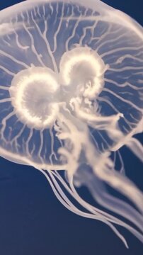 glowing translucent jellyfish drifting underwater with pulsing bell and trailing tentacles, soft luminescent rings against deep blue, slowmotion float evokes aquarium serenity and scientific