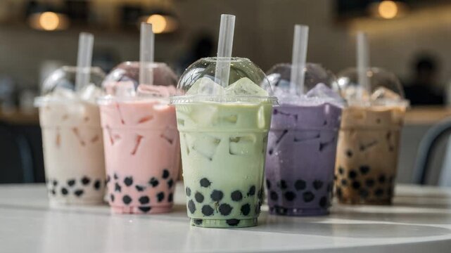 Medium shot of vibrant iced bubble tea cups with tapioca pearls in sharp focus against a blurred caf&eacute; background.