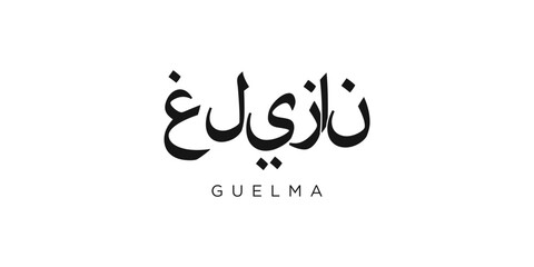 Guelma in the Algeria emblem. The design features a geometric style, vector illustration with bold typography in a modern font. The graphic slogan lettering. © SolaruS