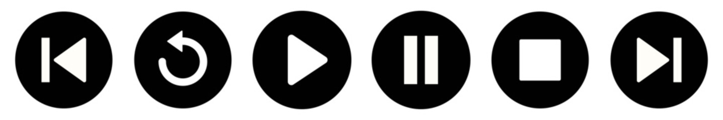 Media player control icon set with play, pause, stop, next, previous, rewind and replay buttons. Solid black circular symbols. Flat vector playback controls for app and web interface. © Point Nemo