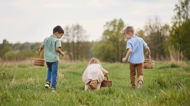 Two boys and a girl, toddlers, searching for Easter eggs
