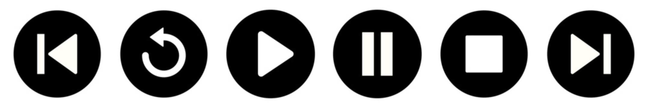 Media player control icon set with play, pause, stop, next, previous, rewind and replay buttons. Solid black circular symbols. Flat vector playback controls for app and web interface.