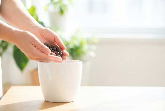 A person's hands pour expanded clay aggregate into a white ceramic pot for plant drainage or hydroponics.