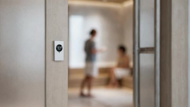 Medium shot of bathhouse door entering highlighting a sensor embedded in the frame counting occupants in and out against a softly blurred interior backdrop.