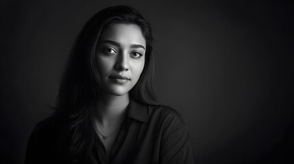 Fototapeta premium Elegant portrait of a young Middle Eastern woman conveying depth and grace in striking monochrome photography