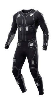VR body sensor suit with embedded accelerometers and breathable material.