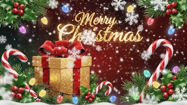 Merry Christmas greeting card with a gift box and candy canes.