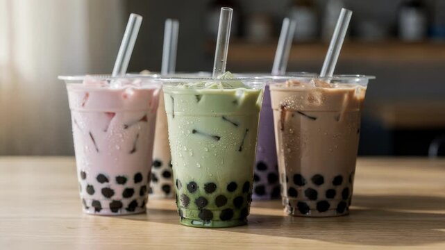 Medium shot of vibrant iced bubble tea cups with tapioca pearls in sharp focus against a blurred caf&eacute; background.