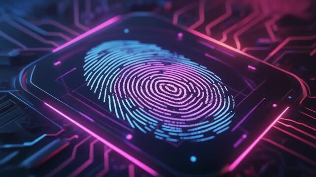 Futuristic fingerprint scan with neon circuit board background.