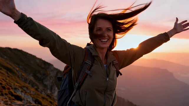 Joyful Woman Celebrating at Mountain Summit at Dawn Embracing Nature's Adventure