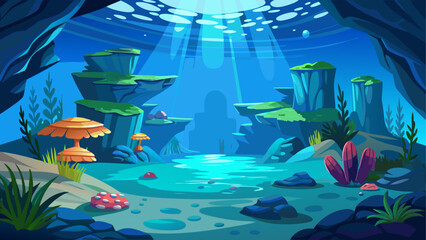 Cartoon vector illustration of underwater cave walls fading into deep blue water creating quiet minimal flat ocean environment