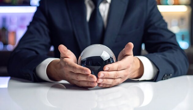 Businessman holding crystal ball on desk symbolizing future prediction strategy and uncertainty