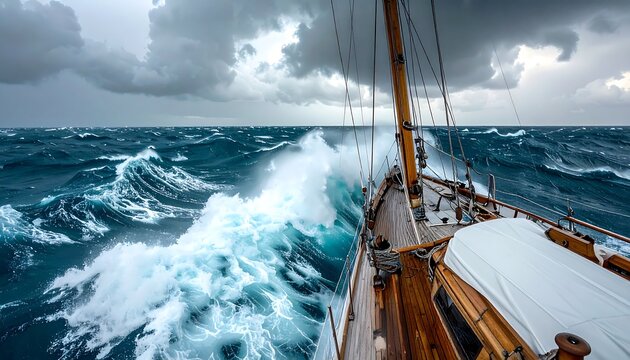 View from sailboat deck cutting through rough ocean waves in storm