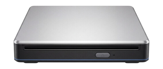 External DVD writer with a silver top panel and eject button on the front