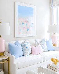 Chic Living Room with White Sofa and Pastel Pink and Blue Decor