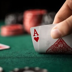 Poker Player Holding an Ace of Hearts at a Casino Table