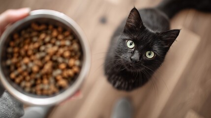 Top view of a bowl with cat food and a cat waiting for food at home.