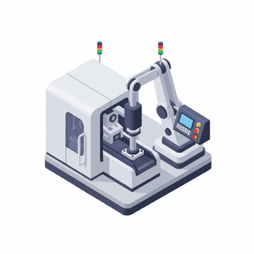 Isometric illustration of a robotic arm machine with control panel and display screen.