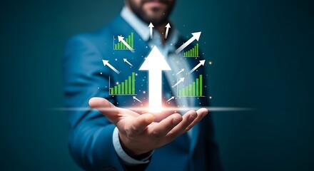 Businessman presenting growth and success in finance with graphs and arrows