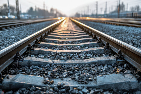 Scenic view of parallel railway tracks stretching into the distance with glowing sunlight and urban structures under a clear sky at dawn or dusk