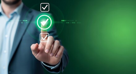 Businessman interacting with virtual checkmark interface