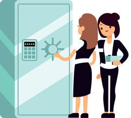 Bank worker show client safe storage color illustration