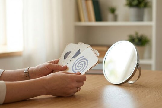 A person holds Zener cards for an ESP test, with a mirror on the table.