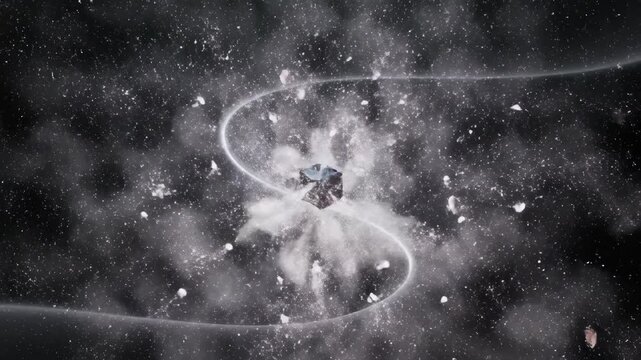 Abstract cube with light trails and smoke in dark space.