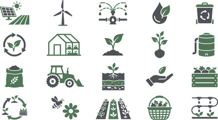 A diverse vector icon set representing sustainable agriculture, green energy solutions, and environmental conservation © Septarim