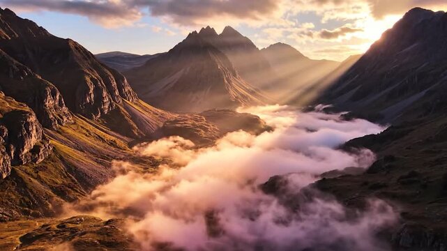 Majestic mountain valley filled with clouds at a glorious sunrise.