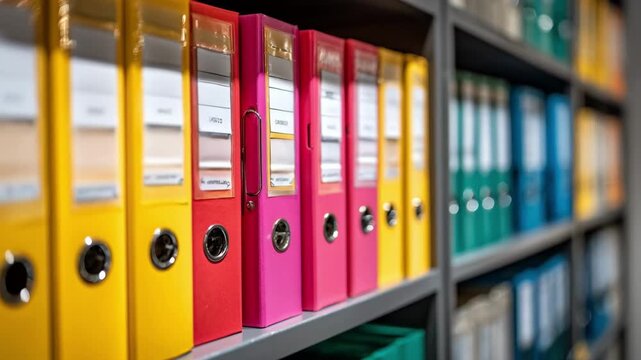 Medium shot capturing binders with clear labels on an office shelf emphasizing a streamlined approach to tax document filing and easy retrieval.