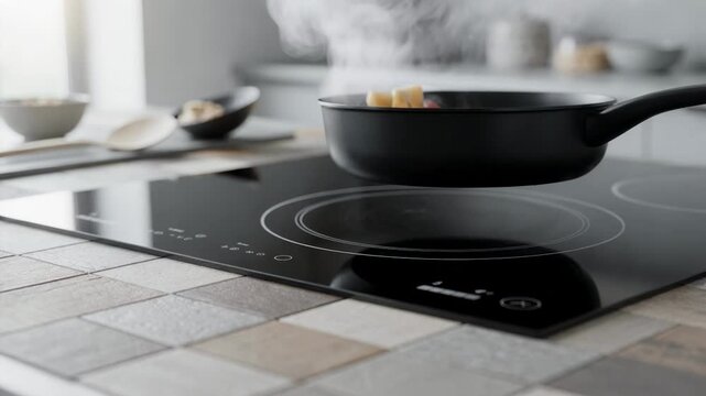 Flush induction counter with integrated heating zones medium shot focusing on pan in use surrounding modular tiles and kitchen tools softly out of focus.