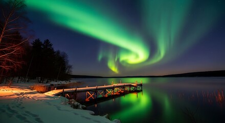 Vibrant green aurora borealis display over serene lake