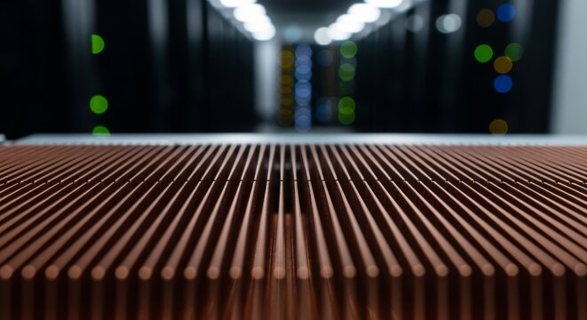 Close-up of copper heatsink fins in a blurred data center environment with bokeh lights