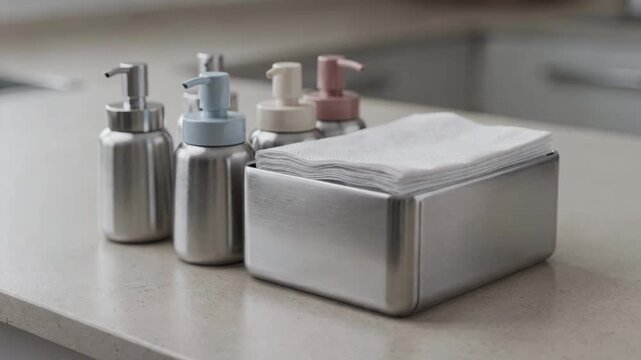 Closeup on a minimalist setup of condiment pumps and a tidy napkin holder highlighting the textures and colors with a smooth defocused surrounding.