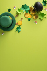 Naklejka premium Bright vertical St. Patrick's Day scene featuring a green hat, shamrocks, gold coins, and a leprechaun style pot to evoke luck and celebration