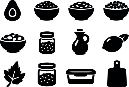 Solid vector icons of clean eating food: avocado, quinoa bowl, bean bowl, lentil bowl, nut bowl, seed jar, olive oil bottle,