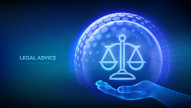 Labor law, Legal advice, Lawyer, Attorney at law. Justice icon inside transparent protection sphere shield with hexagon pattern in hand. Internet law as online legal services. Vector Illustration.