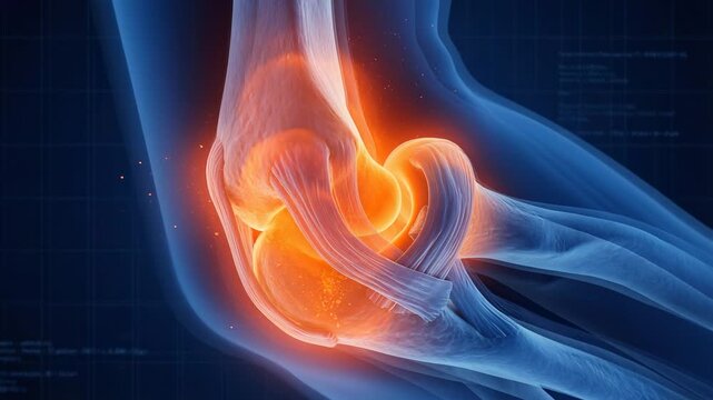 3D medical animation of elbow joint pain and inflammation. X-ray style anatomy with glowing red area showing arthritis or injury on a blue digital background.